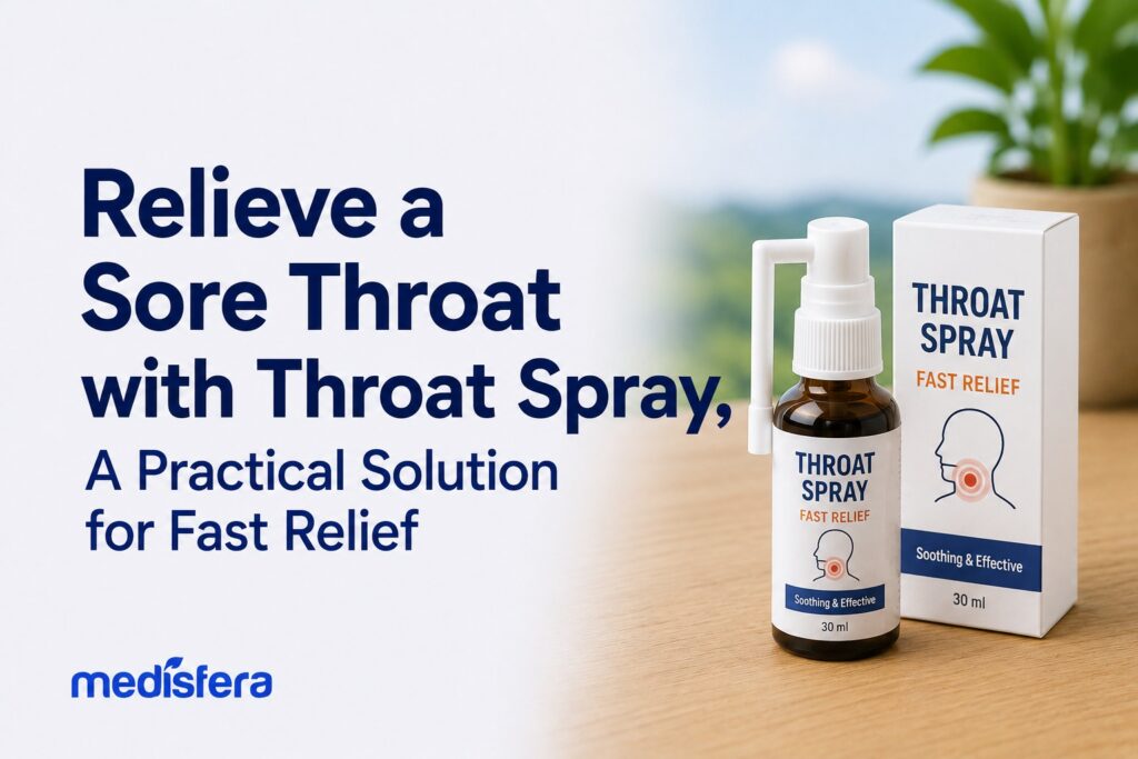 Throat spray for fast sore throat relief available at Medisfera Pharmacy Bali